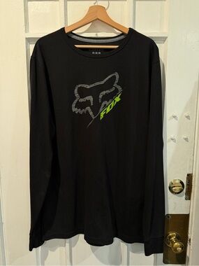 Fox Black Long Sleeve Tee with Gray Fox Head and Neon Green Accent